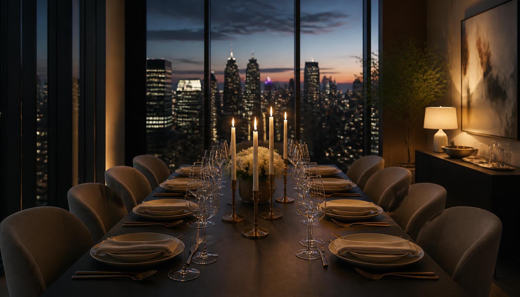 An intimate candlelit dinner table for eight with a New York City skyline beyond floor-to-ceiling windows